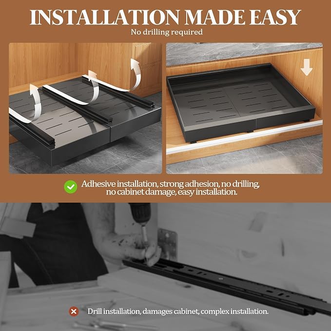 Seinloes 4 Pack Expandable Pull Out Cabinet Organizer 21"Deep With Raising Pad for Framed Cabinets,Upgrade 3 Slide Rails Slide Out Drawers,No Drill Roll Out Shelves,Adjustable Width 12.1"-20.4" Black