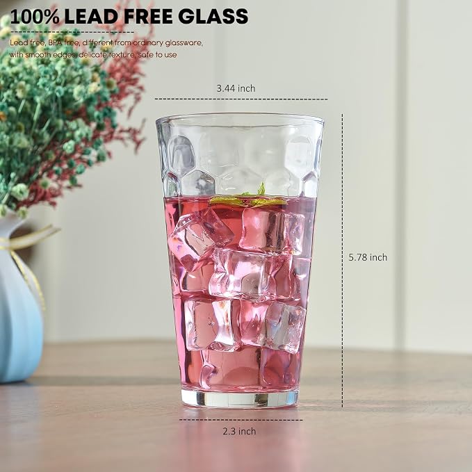 ALINK 16 oz Drinking Glasses, Set of 6 Highball Glass Cups Bar Glasses, Clear Heavy Base Stemmed Water Glasses for Beer, Iced Coffee Cups, Cocktail Glasses, Wine, Iced Tea, Dishwasher Safe