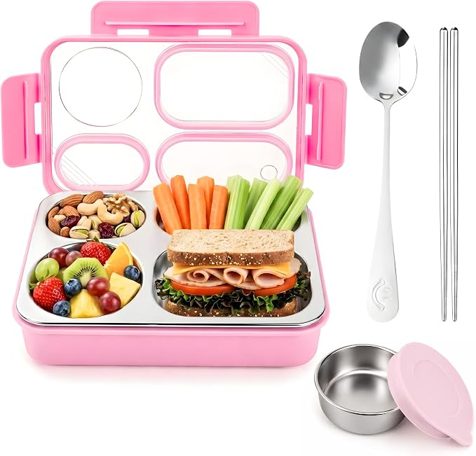 Homaze Kids Adults Stainless Steel Bento Box, 4-Compartment Metal Lunch Box
