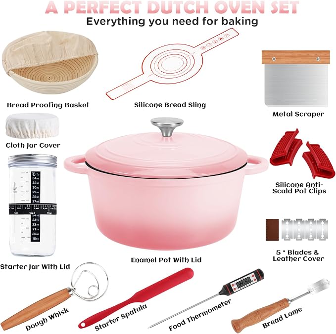 Enameled Cast Iron Dutch Oven Pot with Lid, 5QT Dutch Oven for Bread Baking | Round Bread Oven, Sourdough Bread Baking Supplies, Banneton Bread Proofing Basket, Starter Jar, Lame, Oven Safe up to 500°F