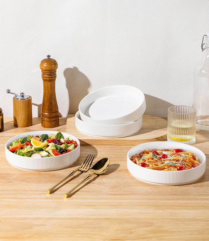 7.5" Ceramic Pasta Bowls Set of 4, Salad Bowls | Versatile Serving Bowls for Pasta, Salad, Fruit & Noodles, Housewarming & Wedding Gift, Bright White