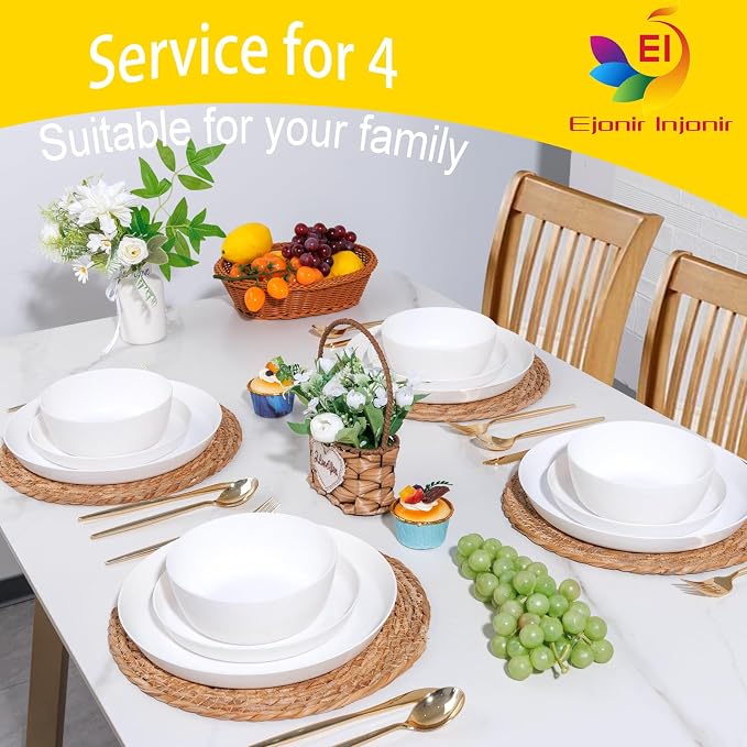 EjonirInjonir 12pcs Wheat Straw Dinnerware Sets for Camping, Unbreakable | Deep Wheat Straw Plates and White Dish Set for Indoor Outdoor Dining,Reusable Plastic Plates are Apartment Essentials