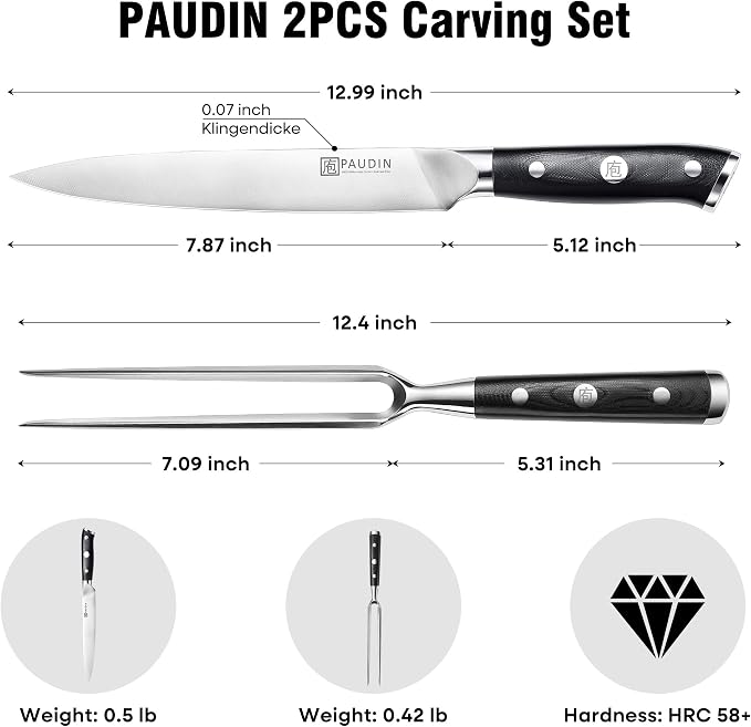 PAUDIN Carving Knife Set, 8 inch German High Carbon Stainless Steel Meat Slicing Knife with 7 inch Turkey Fork, Ergonomic Full Tang G10 Handle, Dishwasher Safe,BBQ Brisket Slicer,Cooking Gifts for Men