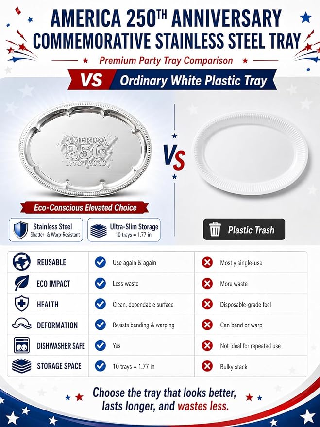 4 Pack 250th Anniversary USA Oval Silver Serving Trays with 4 US Toothpick Flags - 15.7" x 11.8" Stackable Mirror Platter, Floral Engraved Tableware for Fourth of July Party, BBQ, Food