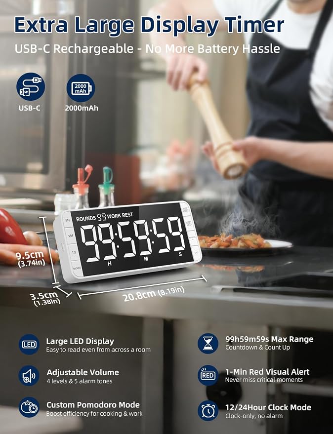 Large 7.8" Digital Timer with LED Display, Magnetic for Kitchen & Classroom | USB-C Rechargeable Timer with 99-Hour Count Up & Countdown, 3 Brightness Levels, 5 Alarm Sounds, 4 Volume Levels for Study