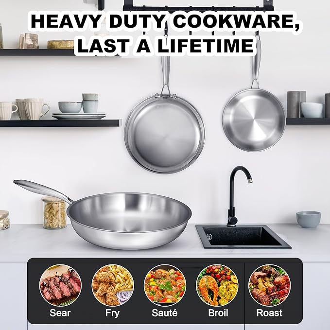 EWFEN Tri-Ply Stainless Steel Frying Pans Set, 8”/10”/12” Cooking pans, PFOA&PTFE Free Skillet, Induction Cooking Pan, Dishwasher and Oven Safe, Fast & Even Heat, Heavy Duty and Detachable Handle