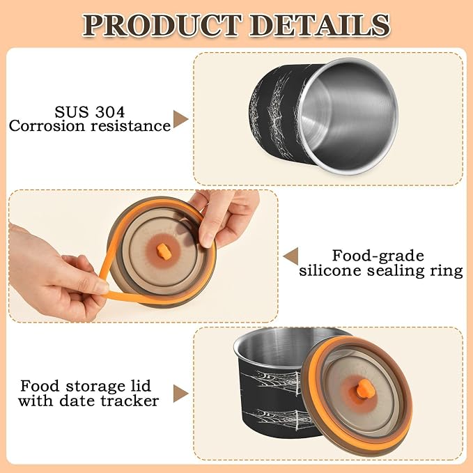 Halloween Spider Web Airtight Food Canister, 17oz Stainless Steel Storage Jar for Coffee Beans Tea Grains Snacks, Kitchen Organizer Decor