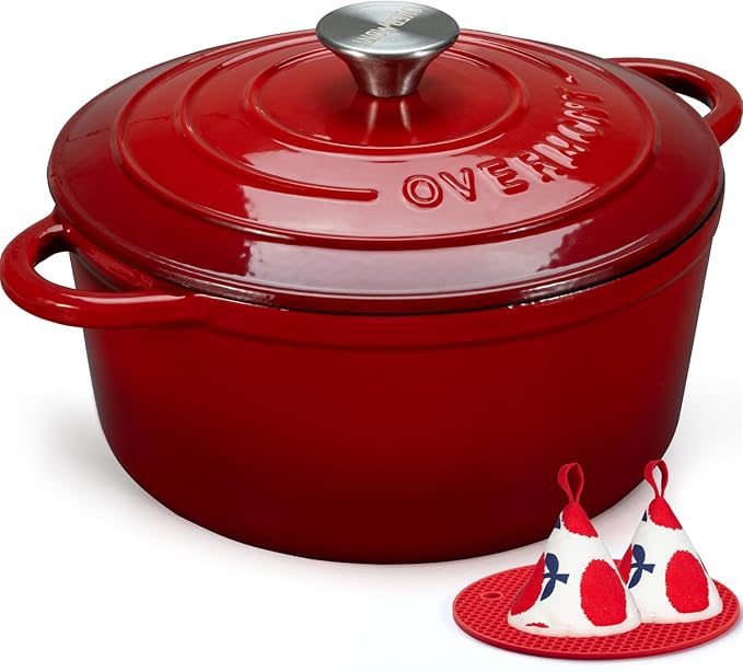 Overmont Enameled Cast Iron Dutch Oven - 4.5QT Pot with Lid Cookbook & Cotton Potholders - Heavy-Duty Cookware for Braising, Stews, Roasting, Sourdough Baking red