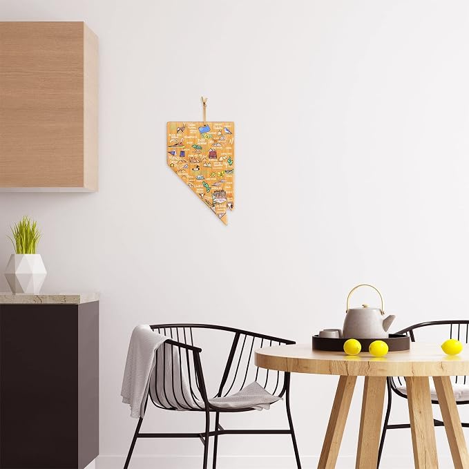 Totally Bamboo Nevada State Shaped Cutting Board, Art by Fish Kiss | State charcuterie board with colorful hand-drawn map artwork. Smooth reverse side for food prep. Hang tie for wall display.