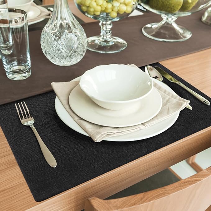 Faux Cotton Linen Placemats Set of 8, Cloth Washable Farmhouse Dining Table Mats for Indoors & Outdoors, Easy to Clean, Black, 13 x 19 Inch