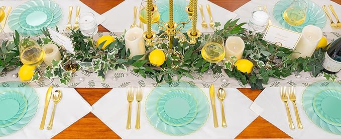 YOUBET 125PCS Clear Green Plastic Plates with Gold Rim for Wedding Party | Green and Gold Plastic Plates Include 25 Dinner Plate 25 Dessert Plate 75 Disposable Silverwares