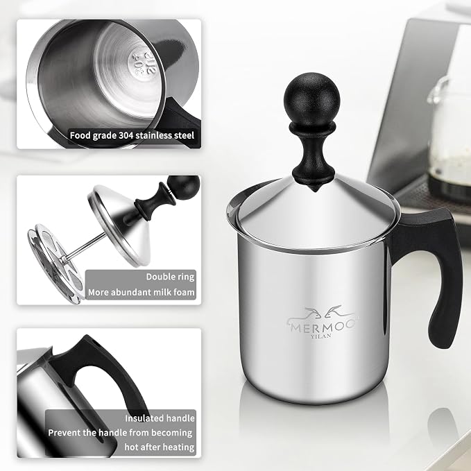 MERMOO YILAN Manual Milk Frother 14oz Stovetop Milk Foamer | for Dairy&Non-dairy milk| Cold&Hot Milk|Not Require Batteries|Thick&Creamy Foam|for Cappuccinos, Lattes, Matcha