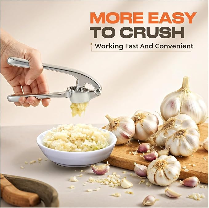 Kitchen Garlic Press, Rust Proof & Dishwasher Safe Garlic Mincer, Durable Garlic Crusher Set with Peeler＆Brush, Easy to Clean and Squeeze, Matte