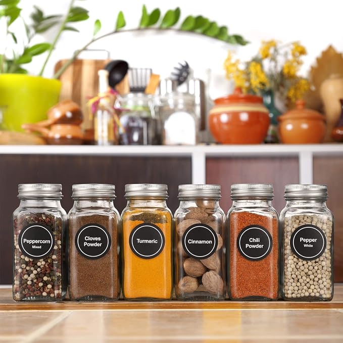 AOZITA 24 Pcs Glass Spice Jars with Labels - 4oz Empty Square Spice Bottles Containers, Condiment Pot, Shaker Lids and Airtight Metal Caps - Silicone Collapsible Funnel