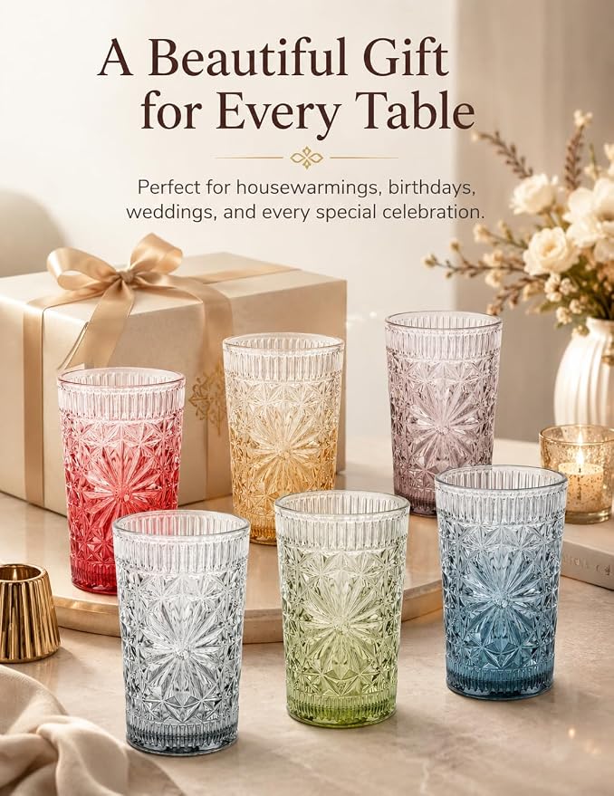 Colored Vintage Drinking Glasses Set of 6, 13 oz Gradient Embossed Highball Glasses, Textured Glass Cups Tumblers for Water, Iced Coffee, Juice & Cocktails, Dishwasher Safe(Dahlia style)