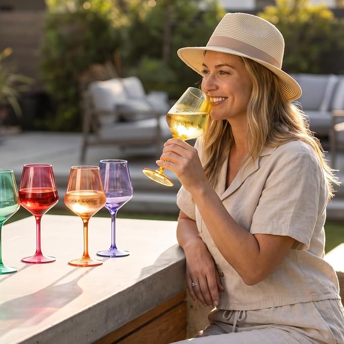 European Style Plastic Crystal, Stemmed Wine Glasses | 6 Set | Acrylic Glasses Tritan Drinkware, Unbreakable Color Shatterproof BPA-free Reusable, Outdoor, Pool Floating & Indoor, Hand Wash 15oz Gift