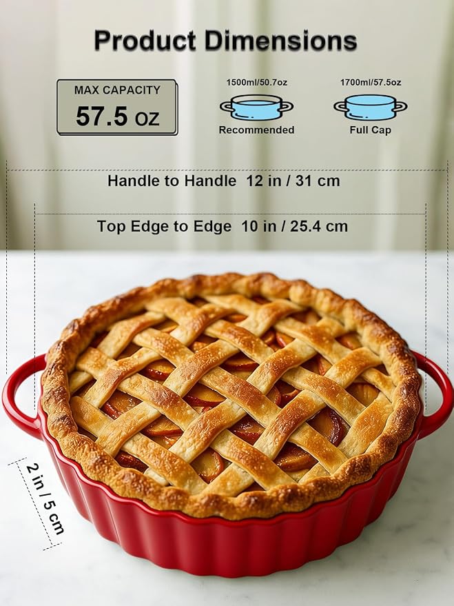 10×2in Deep Ceramic Pie Pan with Handles for Pie Quiche Tart Baking. Easy to grip, Lead-Free. Casserole Lasagna Dish for Thanksgiving Christmas Gift. Oven Microwave Dishwasher Safe. Red