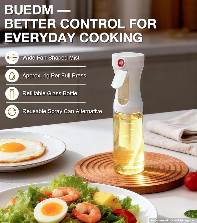 Oil Sprayer for Cooking, Olive Oil Sprayer, Approx. 1g Per Press (1) | Patented Spray Structure, Glass Bottle, Wide Fan Mist, Built-in Filter for Air Fryer, Salad, BBQ and Baking