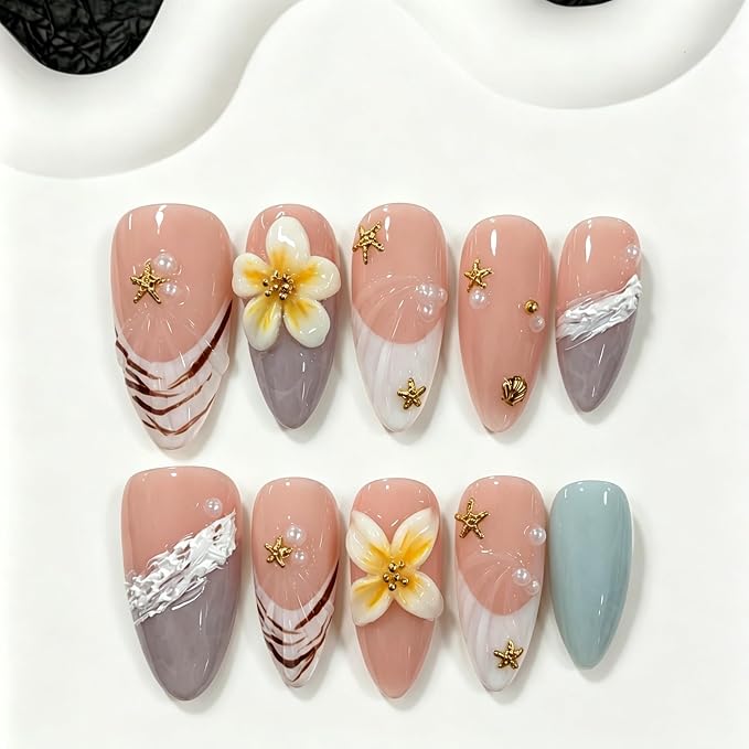 Handmade Press on Nails Almond Shape Luxury Medium Hand Made Nails with 3D Flower Fishstar and Shell Design Summer Press on Nails Thicked Acrylic Nail White French Tip Stick on Nail for Women 10Pcs（M)