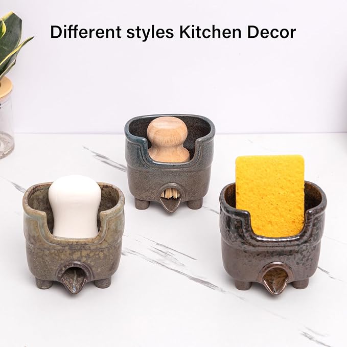 Kitchen Sponge Holder with Drainage, Ceramic Vintage Sink Caddy Organizer | Self draining sink caddy. Holds Scrubbers, sponge, soap. Rustic farmhouse kitchen countertop decor. Handmade reactive glaze