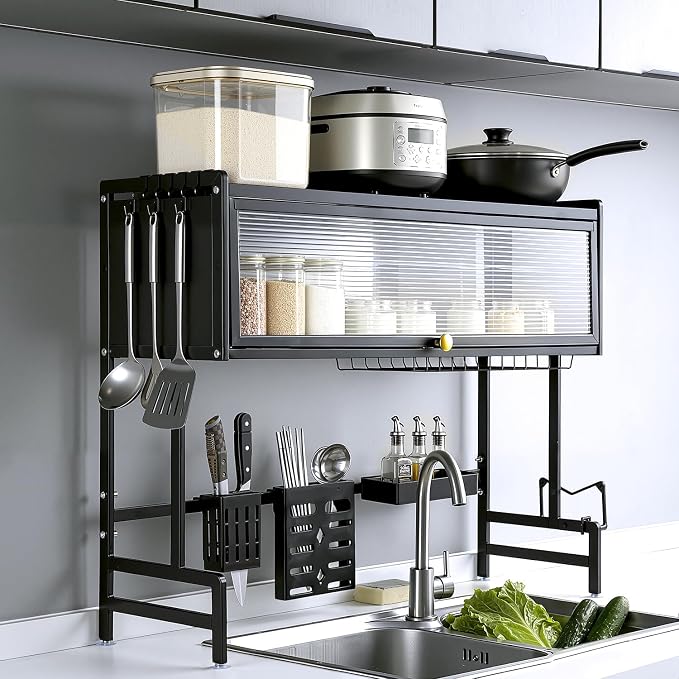 Over the Sink Dish Drying Rack 3 Tier with Cover – Rust Resistant Over Sink Dish Rack, Space Saving Tall Drying Rack for Kitchen, Dish Rack Over Sink Holds Dishes Glasses Bowls & Cutlery