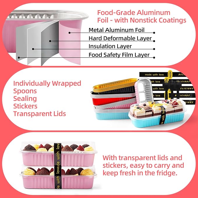 120 Pcs Mixed Color Mini Loaf Pans with Lids and Spoons, 6.8oz Aluminum Foil Baking Pans Versatile for Mini Cake Tins/Loaf Cakes Sturdy Mini Pans with Lids for Baking (120, mixed)