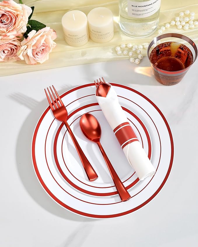 350 Piece Red Plastic Dinnerware Set for 50 Guests | Disposable Dinnerware Includes: 50 Dinner Plates, 50 Dessert Plates, 50 Pre Rolled Napkins with Silverware, 50 Cups