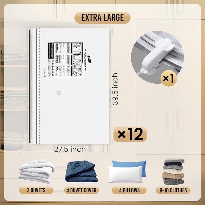 TAILI 12 Pack Vacuum Storage Bags, Jumbo LONG SIDE ZIP(39x28 inch), Clear | Vacuum Seal Bags for Clothing, Space Saver for Beddings, Comforters, Blankets, Pillows