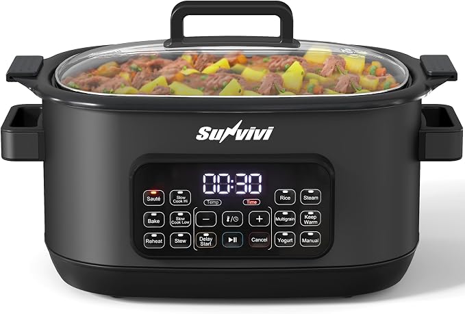 Sunvivi 12-in-1 Programmable Slow Cooker 6.5QT with Timer & Keep Warm | Multicooker with Timer & Temp Control, Dishwasher Safe Lid & Removable Nonstick Crock, Stainless Steel Rack, Black
