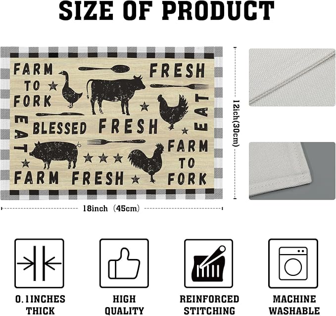 Farm Animal Cow Table Mat Set of 4，Farmhouse Chicken Decor Buffalo Plaid Rectangular Linen Placemats with Non-Slip Kitchen Table Decor 12x18 Inch for Party Kitchen Dining