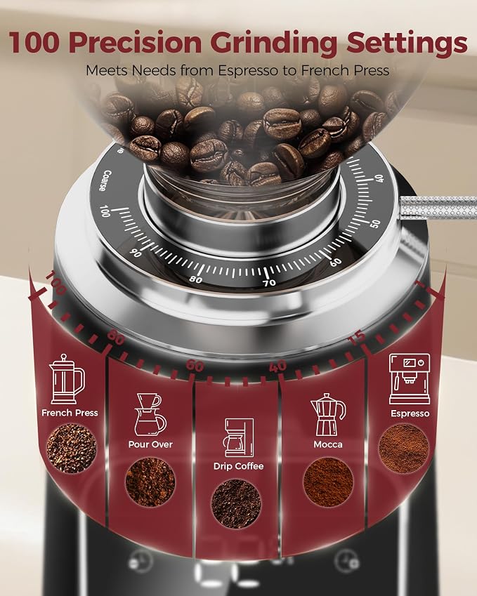 Tuni G3 64mm Flat Burr Coffee Grinder with 100 Grind Settings, Black | Electric Espresso Grinder with Single Dose, Commercial Grade, Anti-Static Tech, Touchscreen Display, Stainless Steel