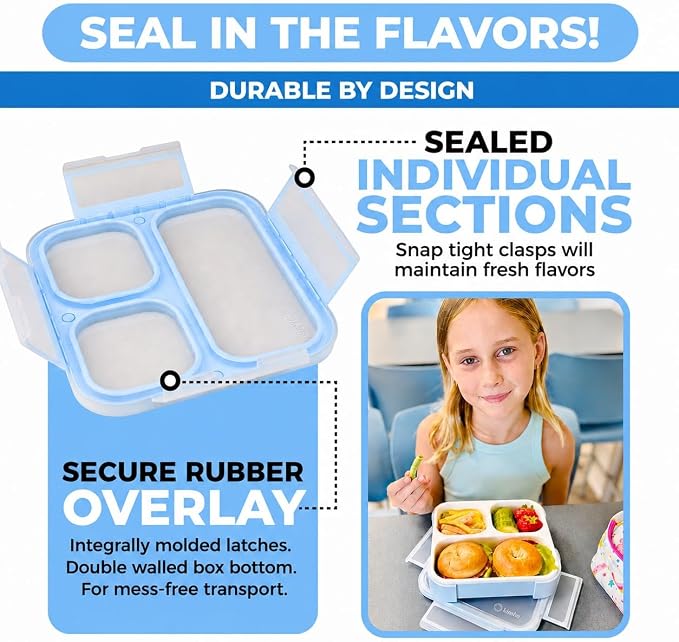 kinsho Bento Boxes for Kids, Lunch Box Snack Containers for Boys Girls Toddler Daycare School Travel, Leak Proof 3 Divider Portion Control Containers BPA Free - Pastel Blue +Teal 2 Pack Set