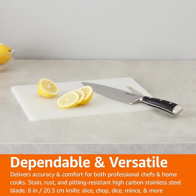 Amazon Basics Classic 8-inch Full Tang High Carbon Stainless Steel Chef's Knife, Multipurpose Kitchen Knife with Three Rivets, Silver