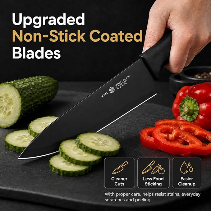 19-Piece Kitchen Knife Set with Block and Built-In Sharpener, Black | High-carbon stainless steel blades, nonstick coating, ergonomic handles and dishwasher-safe care