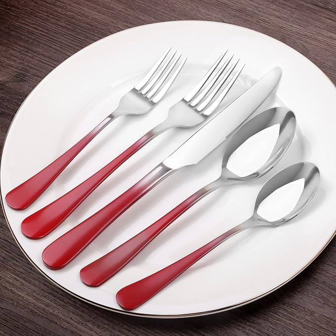 Silverware Set, Bysta 40-Piece Stainless Steel Flatware Set, Kitchen Utensil Set Service for 8, Tableware Cutlery Set for Home and Restaurant, Mirror Polished, Dishwasher Safe (Gradient Red)