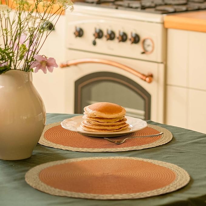 Round Placemats Set of 6, Woven Table Mats, Wide Edge, Orange | Braided Paper Edge, 15 Inch Diameter, Fits Dinner Plate and Flatware, Wipeable, Heat Resistant, Indoor Dining, Outdoor Patio
