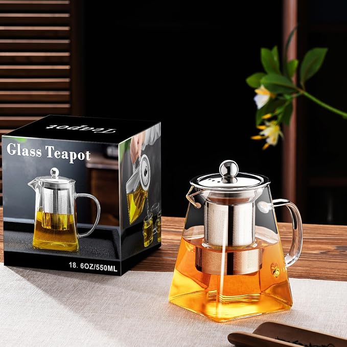 PARACITY Clear Glass Teapot with Infuser, Square 18.6oz Stovetop Tea Kettle | Borosilicate glass spans -68°F to 302°F; 18/8 stainless steel strainer makes it a tea maker for loose leaf and blooming tea
