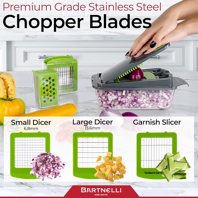 Bartnelli Vegetable Chopper Food Slicer Pro | 15 Pc MultiFuctional Kitchen Gadgets for Onion, Veggie, Cheese Grater, Vegetables Cutter With Large Container, Easy to Clean, With Bonus Brush and Fork