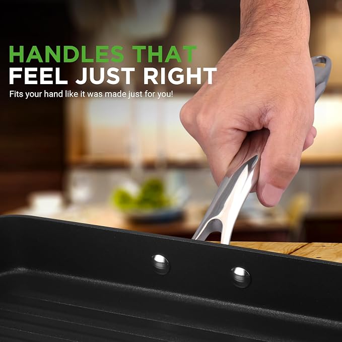 NutriChef 11" Non-Stick Grill Pan for Indoor Cooking - Hard Anodized Grill Pan for Stove Tops with High Ridges, Strong Handles, Dishwasher Safe
