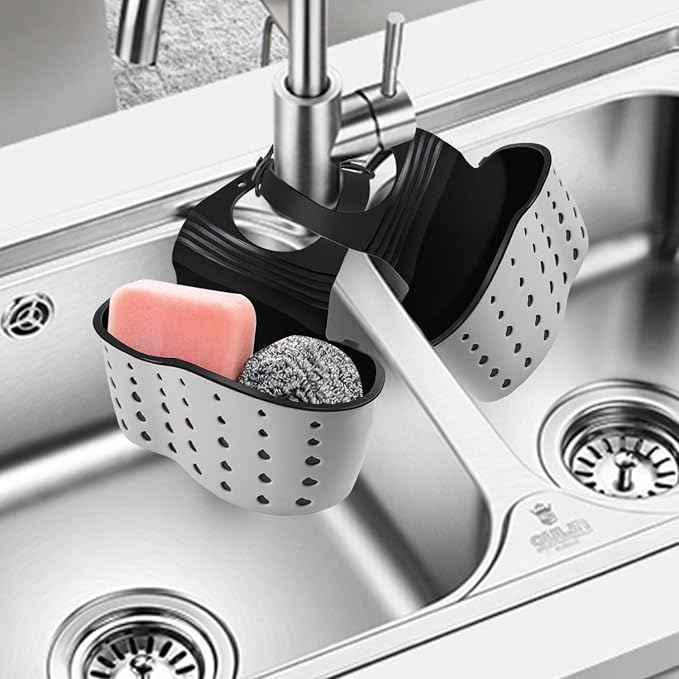 Kitchen Sink Caddy Sponge Holder for Kitchen Sink Accessories Organizer Dish Sponge Holder Ajustable Strap Faucet with Drain Holes for Drying (2 pcs Beige)