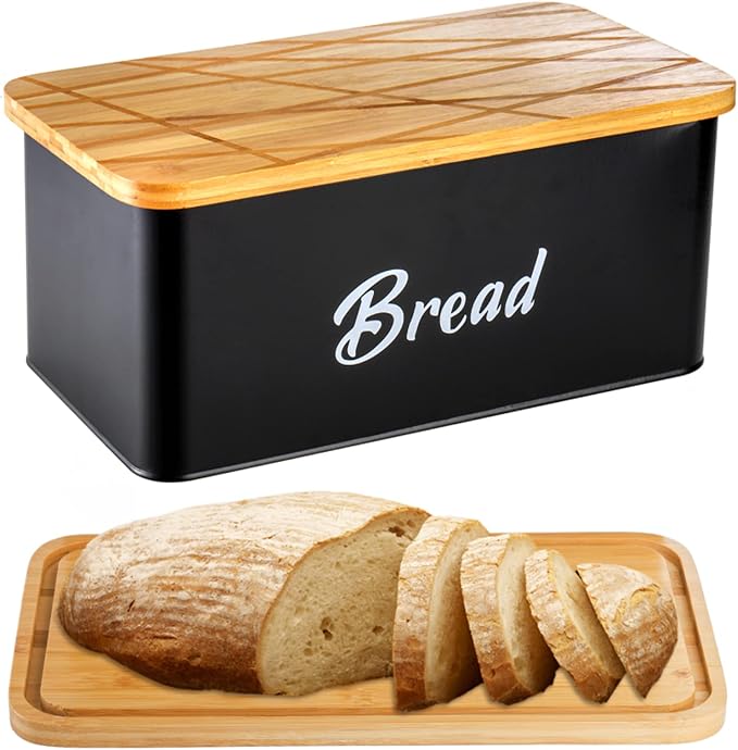 Lyellfe Farmhouse Metal Bread Box, Cutting Board Lid | Black Vintage Bread Storage Container Keeper Bin for Kitchen Countertop, Pantry, Freezer, Keep Fresh