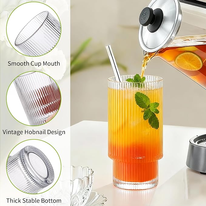 Ribbed Drinking Glasses Set of 8, Stackable Glass Cups with 4 Tall 16 oz Highball Glasses and 4 Short 7 oz Tumblers for Iced Coffee, Water, Cocktails and Whiskey