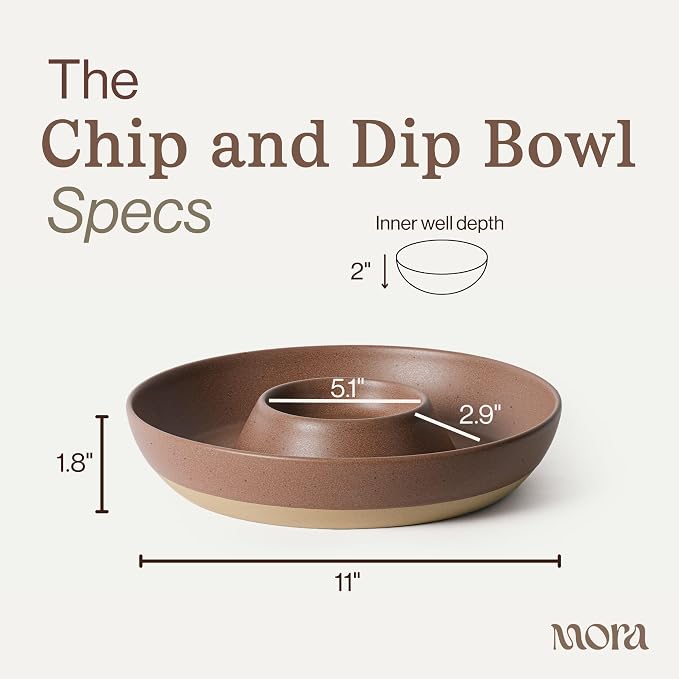 Mora Ceramic Chips and Dip Serving Tray: Large Divided Party Bowl Set for Chips & Salsa, Veggies & Dip, Fruit, Snacks, Entertaining, Hosting, etc. Minimalist Design for the Modern Hostess - Terracotta