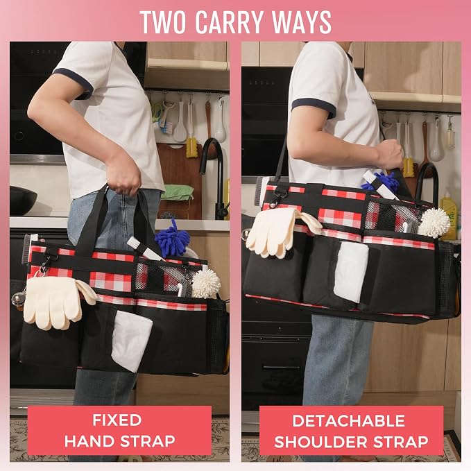 SCAVATA Wearable Cleaning Caddy, Cleaning Caddy Supplies Organizer with Handle & Shoulder Straps for Housekeepers, Under Sink & Car Cleaning Tool Organizers Bag with 4 Foldable Divider (RedPlaid)