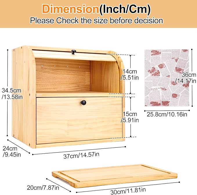 Alpeir Roll Top Bread Box with Cutting Board for Kitchen Countertop | Large Breadbox with Ventilation Holes, Double Layer Pantry Shelf, Wooden Homemade Bread Storage Container, Vintage Farmhouse