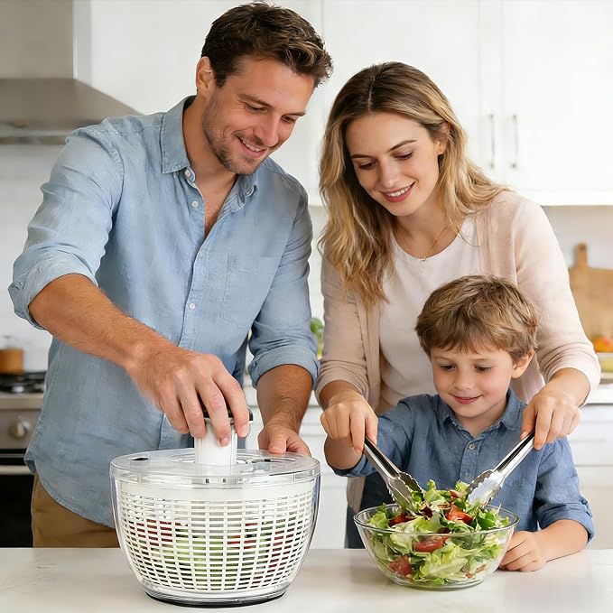 Ourokhome 6.3 QT Salad Spinner with Fully Removable Lid, Large Lettuce Dryer with One-Hand Press Pump, Instant Stop Brake Button and Retractable Handle, Vegetable Washer & Spinner for Greens and Herbs