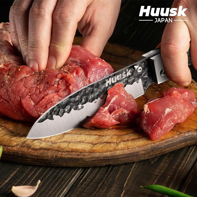 Huusk Folding Chef Knife Set - Japanese Pocket Knife Set | Including Nakiri, Santoku, Bread and Fruit Knives, Hand Forged Blade, Wooden Handle, Gift Box