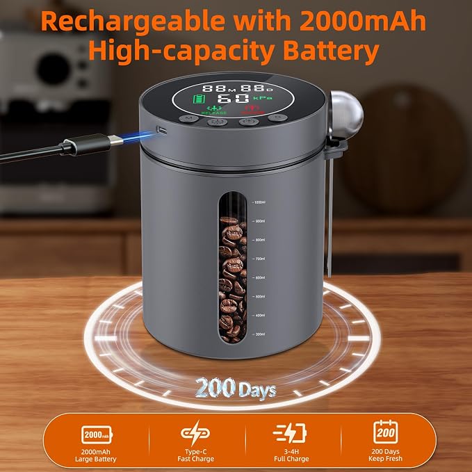 Automatic Vacuum Coffee Canister, 1.3L Airtight Food Storage Container | with Smart Pressure Sensor, Electric Coffee Bean Container Rechargeable with LED Display Window for Home Kitchen Food Storage