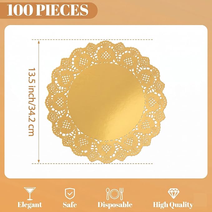 100 Pack 13.5 Inch Round Gold Paper Doilies, Disposable Lace Placemat | Rustic Scallop Foil Doily Table Pads, Heavy-Duty Paper Place Mats for Cakes, Crafts, Parties, Weddings, Buffet, Home Decor