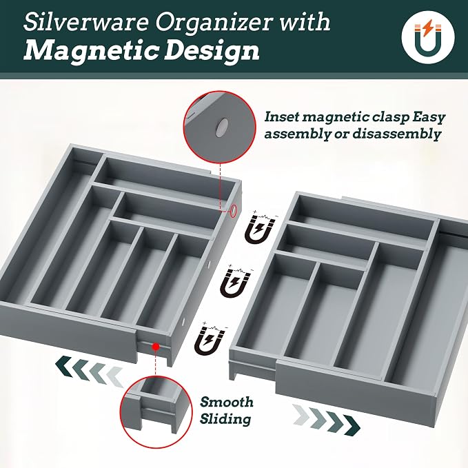 Magnetic Expandable Silverware Drawer Organizer, 13 Slots Utensil Gray | Magnetic Connected, Expandable 21-37.4 Inch, 13 Divided Slots, Gray Cutlery Utensil Organize Kitchen